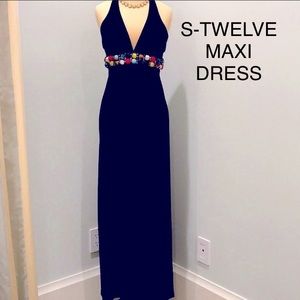 💯✅ AUTHENTIC S-TWELVE BEADED MAXI HALTER DRESS